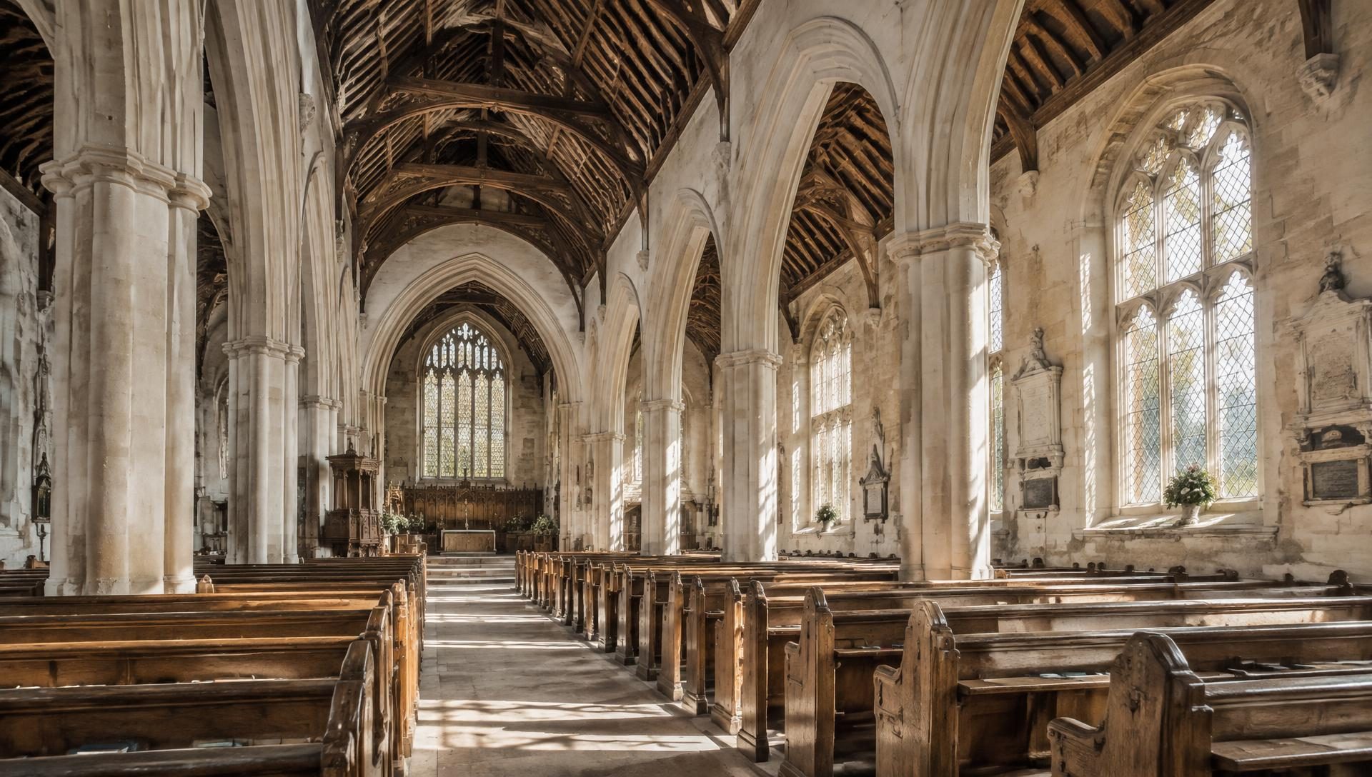 Historic British church interior with stone arches and a timber roof