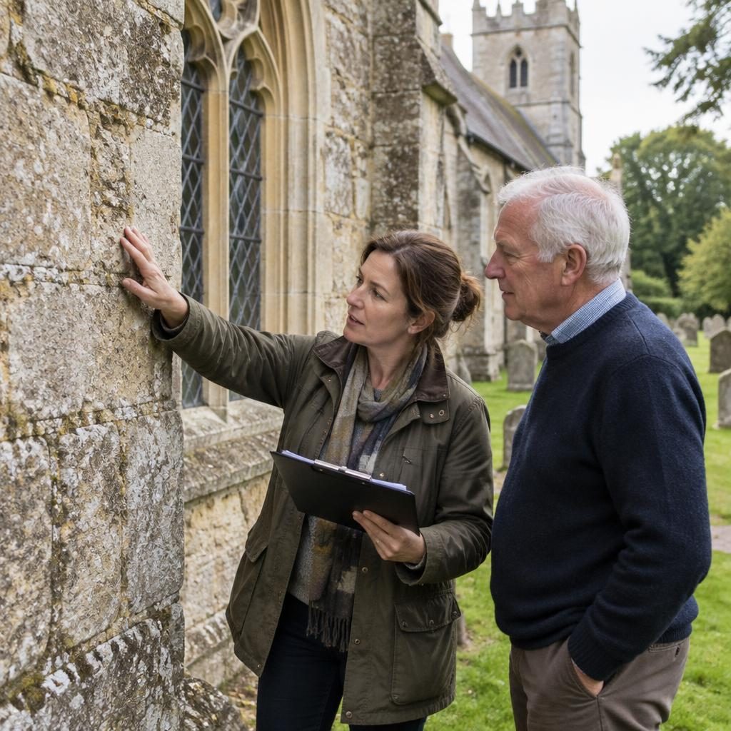 Surveyor and churchwarden assessing historic church stonework