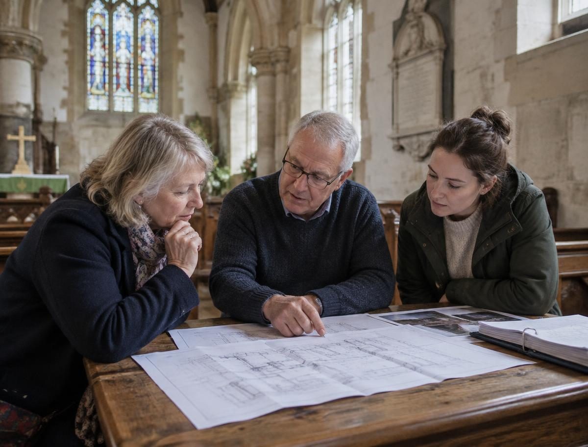 Church volunteers reviewing building plans together